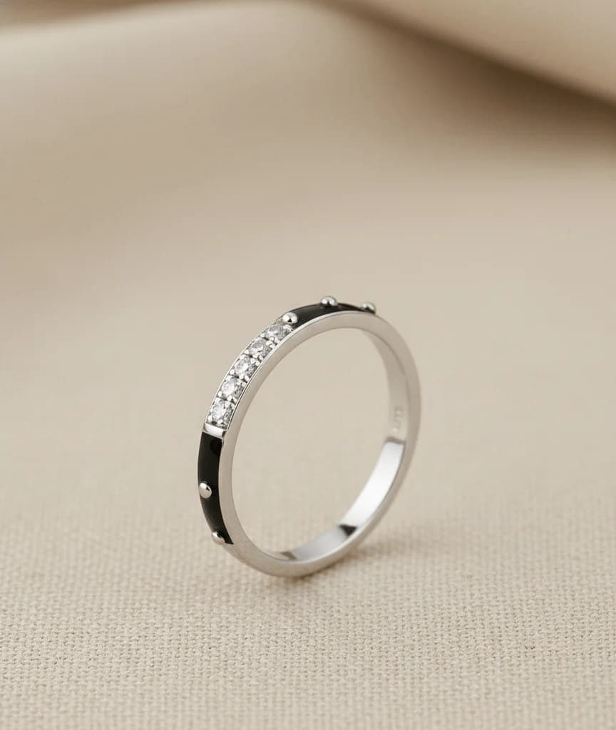 Silver Black Enamel Stacking Ring