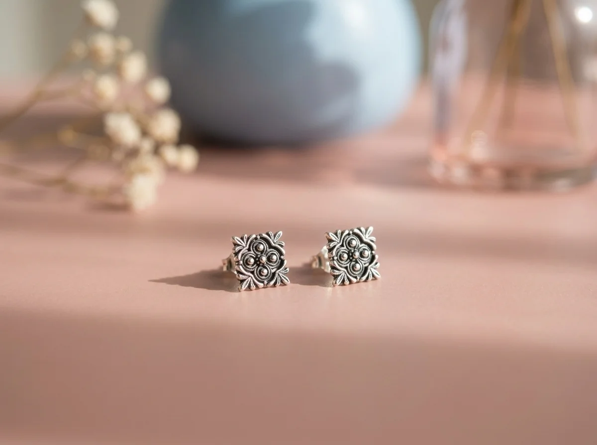 Vintage Floral Oxidised Stud Earrings