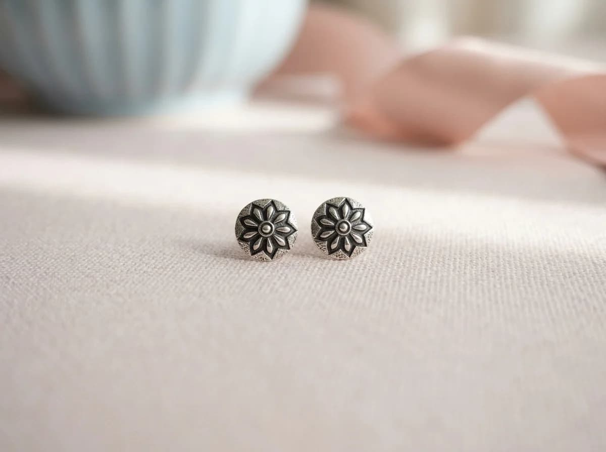 Vintage Floral Oxidised Stud Earrings