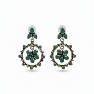 Chimes green and silver-toned floral oxidized drop Earrings