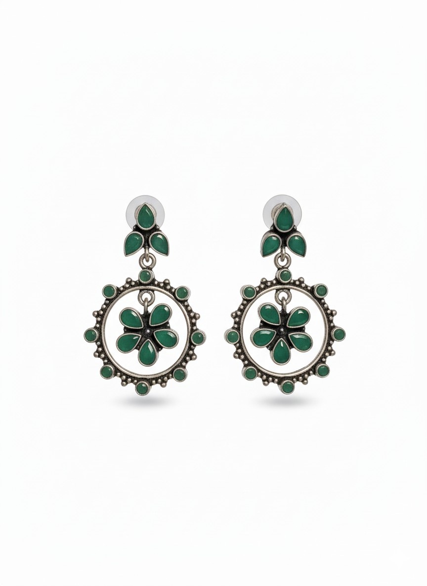 Chimes green and silver-toned floral oxidized drop Earrings