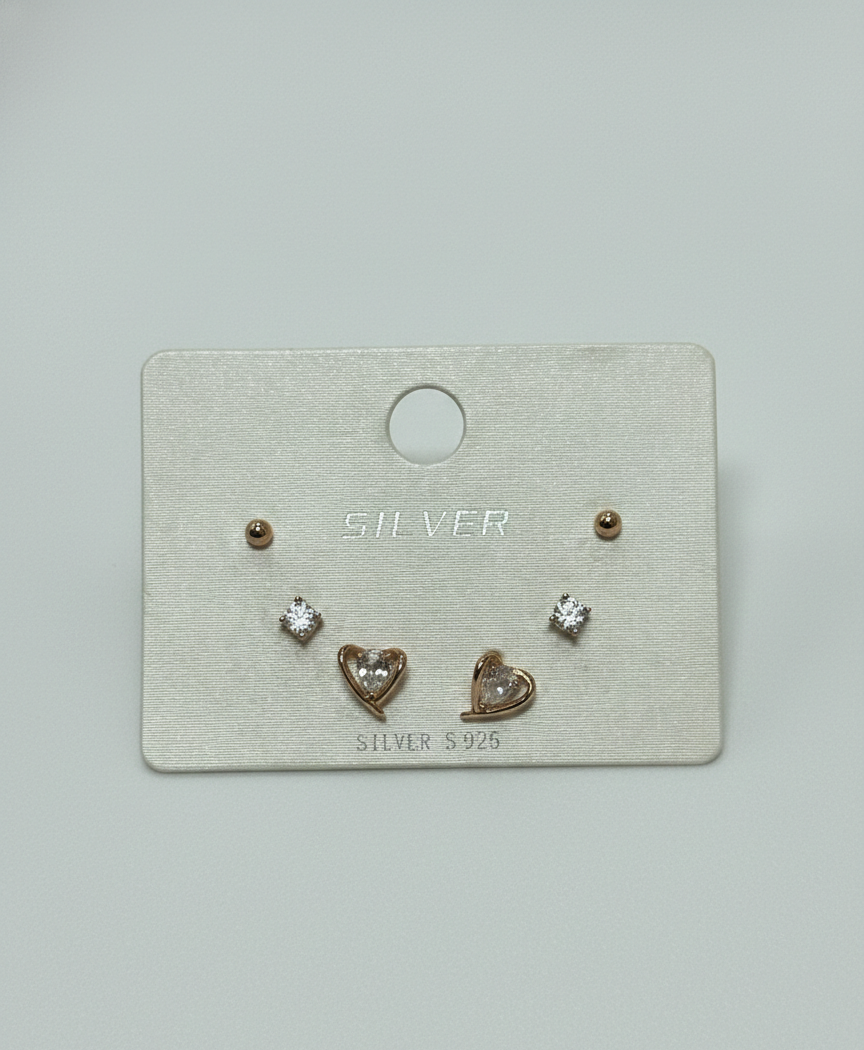 Silver Cubic Zirconia Heart Stud Earrings Set