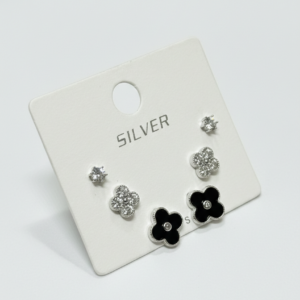 crystal solitaire, crystal pavé flower, and black enamel flower silver stud earrings