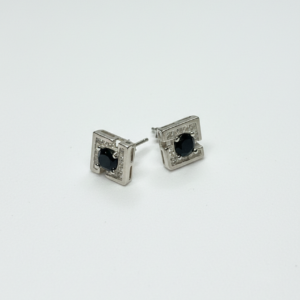 White Halo Princess Cut Black Stone Stud Earrings